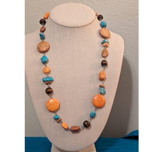 Howlite Stone in Orange, Blue and Beige w/ Brown Beads Necklace - Picture 2 of 6